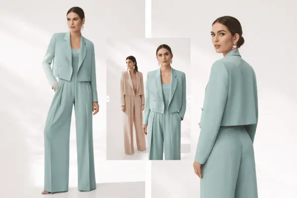 Modello indossa un completo laurea verde acqua con giacca corta e pantaloni a palazzo. Elegante e moderno.
