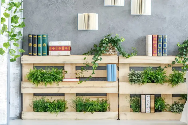Scaffali in pallet con piante e libri, perfetti per idee per abbellire casa fai da te.